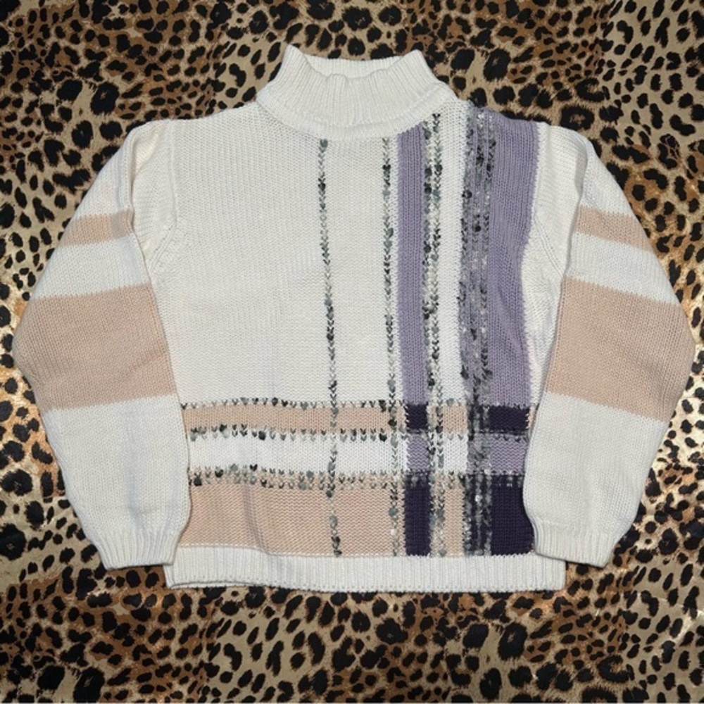 Preloved Dress Barn Mockneck Cream, Tan & Purple Sweater